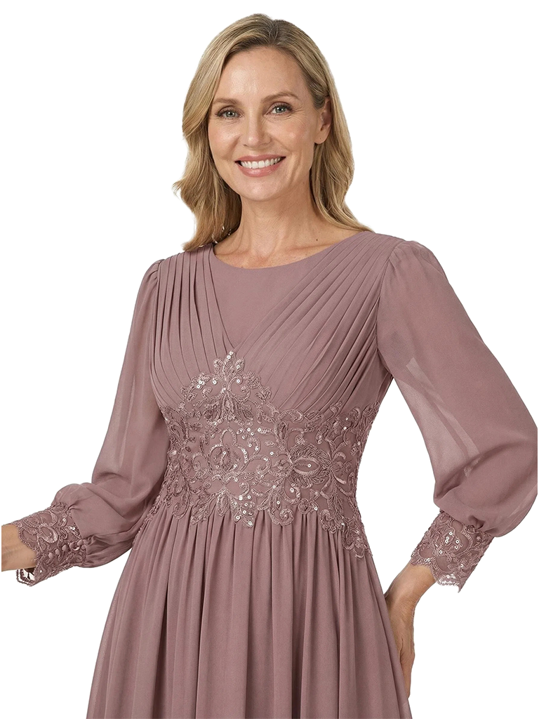 ChicSew Classy A-Line Chiffon Tea-Length Mother Of The Bride Dress With Long Sleeves Lace Applique