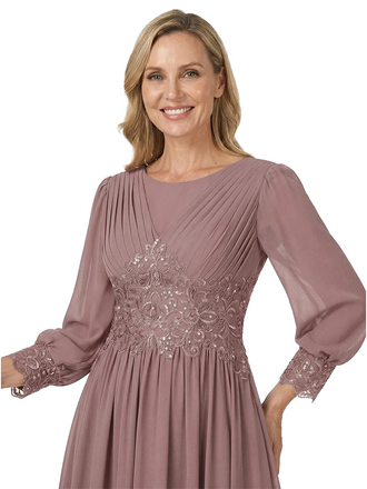 ChicSew Classy A-Line Chiffon Tea-Length Mother Of The Bride Dress With Long Sleeves Lace Applique