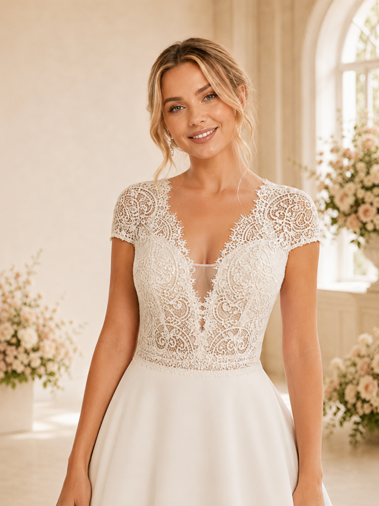 ChicSew Fancy V-Neck Crepe A-Line Lace Applique Cap Sleeves Floor-Length Wedding Dress