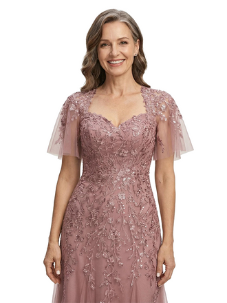 ChicSew Elegant V-Neck Short Sleeves A-Line Mother Of The Bride Gown Lace Tulle Overlay