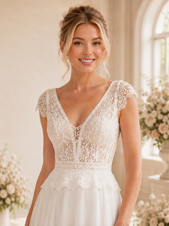 ChicSew Simple V-Neck Cap Sleeves A-Line Lace Chiffon Tea-Length Wedding Dresses