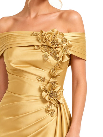 ChicSew Trendy Off The Shoulder Satin Bridesmaid Dress With Handmade Flower Mermaid Gown