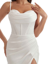 Sexy Sweetheart Mermaid Silky Satin Long Bridesmaid Dresses Slit Spaghetti Straps