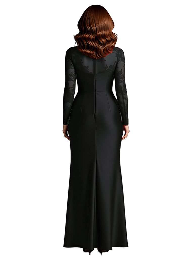 Elegant Mermaid Scoop Long Sleeves Side Slit Long Mother of the Brides Dresses