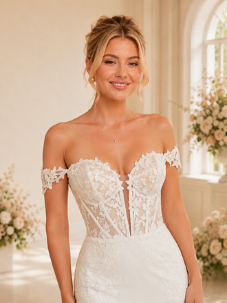 ChicSew Fancy Off The Shoulder Crepe Boning Mermaid Maxi Wedding Dress With Lace Applique