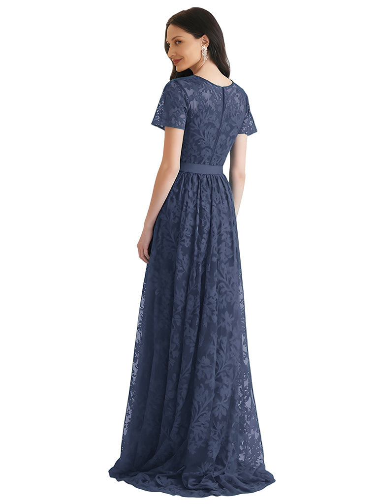 Elegant Chiffon V-neck Short Sleeves A-line Long Mother of The Bride Dresses
