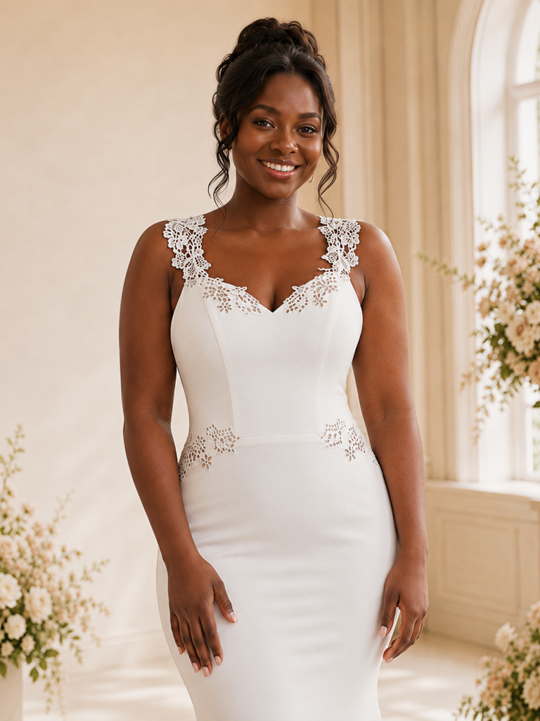 ChicSew Fancy V-Neck Crepe Mermaid Floor-Length Wedding Dress With Applique
