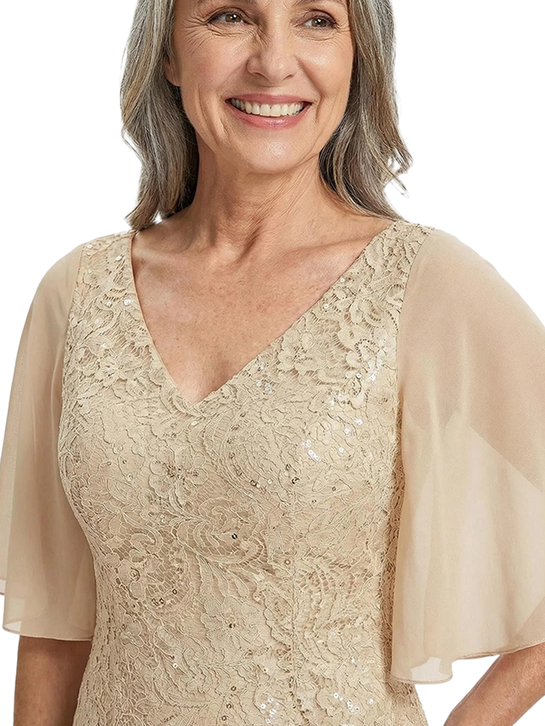 ChicSew Flutter Sleeves V-Neck Lace Appliques Sequin Chiffon Mermaid Mother Of The Groom Dress