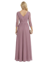 Elegant V-Neck 3/4 Sleeves A-Line Side Slit Chiffon Mother Of The Bride Dress
