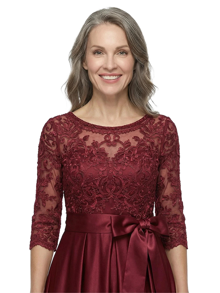 ChicSew Scoop Long Sleeve Lace Bow Waist Floor Length Satin Mother of the Bride Dresses