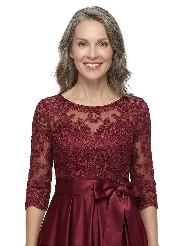 ChicSew Scoop Long Sleeve Lace Bow Waist Floor Length Satin Mother of the Bride Dresses
