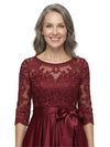 ChicSew Scoop Long Sleeve Lace Bow Waist Floor Length Satin Mother of the Bride Dresses
