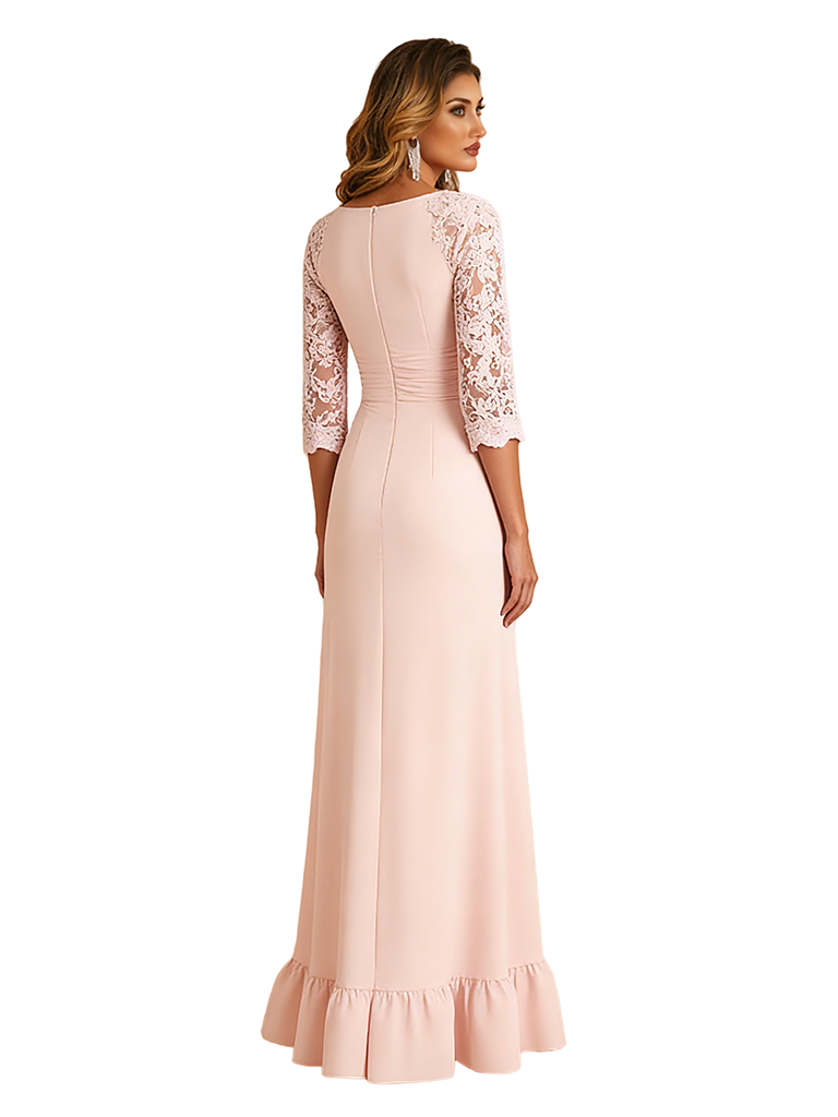 Elegant 3/4 Sleeves Ruffle Chiffon A-Line Ruched Long Mother of The Bride Dresses