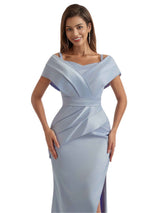 Elegant Cold Shoulder Side Split Mermaid Ruched Satin Long Bridesmaid Dresses Online