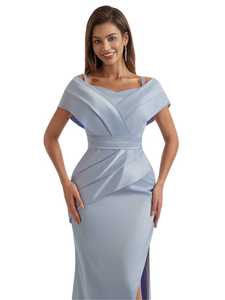 Elegant Cold Shoulder Side Split Mermaid Ruched Satin Long Bridesmaid Dresses Online