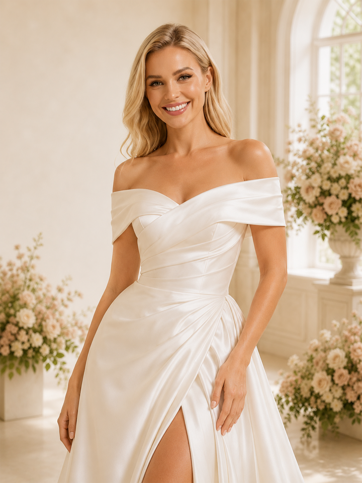 ChicSew Elegant Off The Shoulder A-line Ruched Satin Wedding Dresses With Side Slit