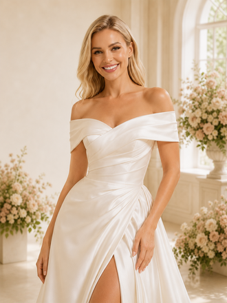 ChicSew Elegant Off The Shoulder A-line Ruched Satin Wedding Dresses With Side Slit