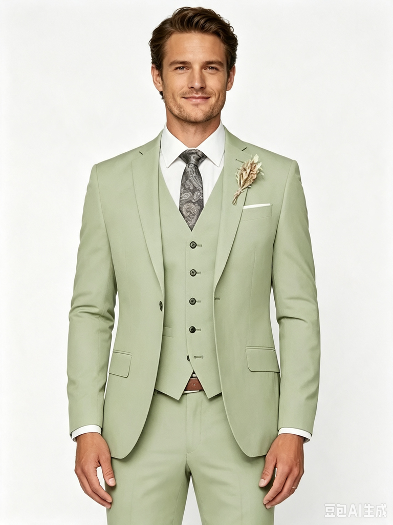 Classic 3 Piece Sage Men's Suit with Regular Fit and Sophisticated Peak Lapel