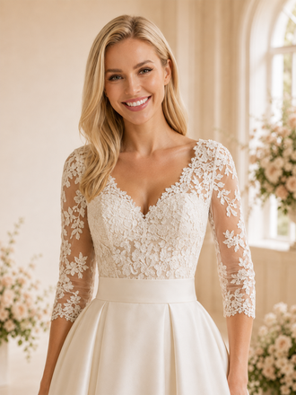 ChicSew Elegant V-Neck Lace Satin Half Sleeves A-Line Maxi Wedding Dresses