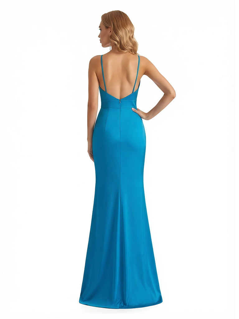 Sexy V-Neck Spaghetti Straps Mermaid Jersey Long Formal Dresses Side Slit