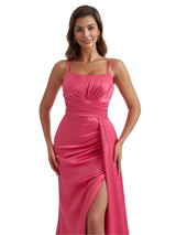 Mermaid Side Split Silky Satin Modern Long Bridesmaid Dresses Elegant Spaghetti Straps