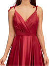 Sexy V-Neck Spaghetti Straps A-Line Side Slit Soft Satin Formal Long Bridesmaid Dresses