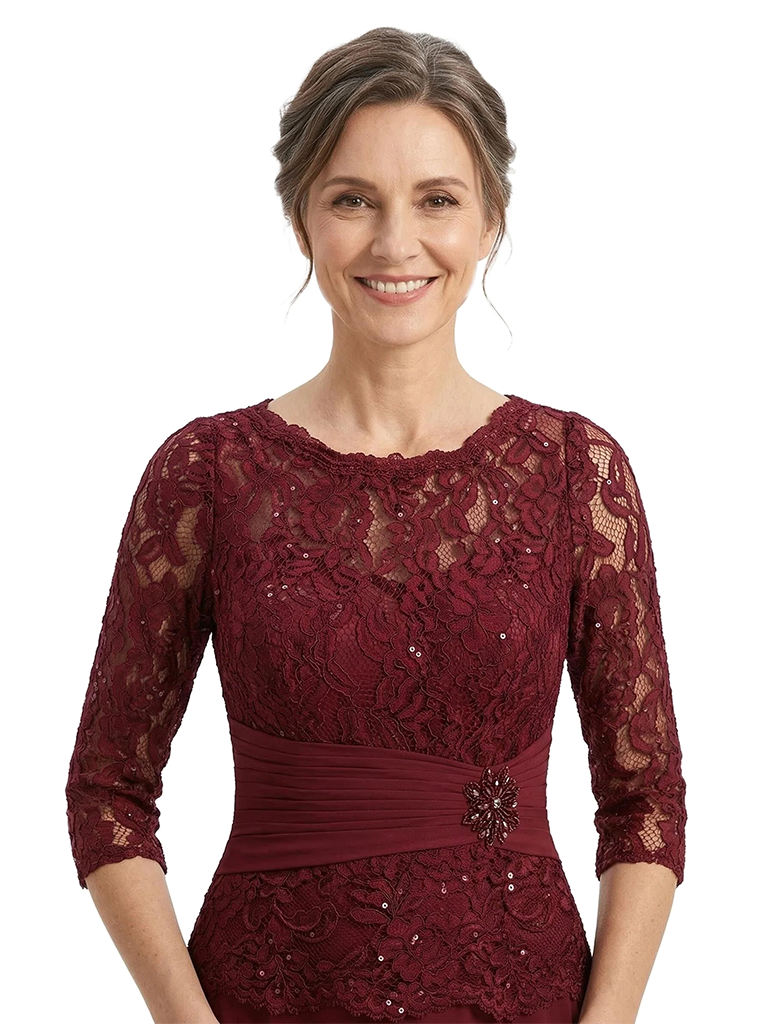 ChicSew Jewel 3/4 Sleeve Lace Bodice Rhinestone Waist Floor Length Chiffon Formal Mother Of The Bride And Groom Dresses