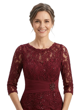 ChicSew Jewel 3/4 Sleeve Lace Bodice Rhinestone Waist Floor Length Chiffon Formal Mother Of The Bride And Groom Dresses