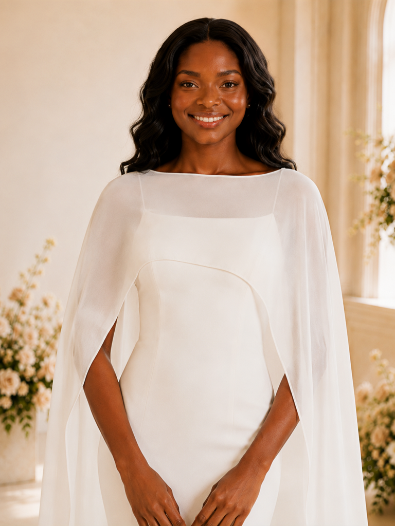 ChicSew Simple Mermaid Crepe Long Wedding Dress With Chiffon Cape Sleeves