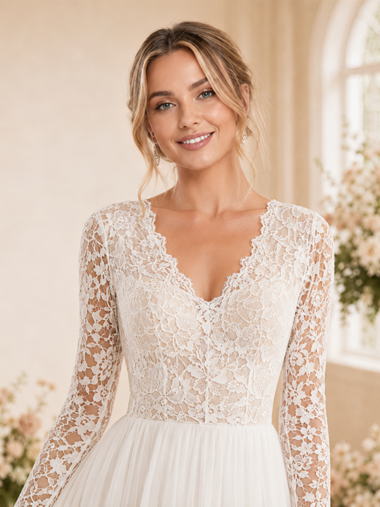ChicSew Elegant A-Line Lace Applique Chiffon V-Neck Long Sleeves Floor-Length Wedding Dress