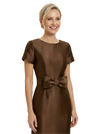 Beautiful Jewel Short Sleeves Satin Bow Knot Slit Sheath Mother Of The Bride Dresses