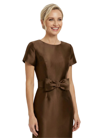 Beautiful Jewel Short Sleeves Satin Bow Knot Slit Sheath Mother Of The Bride Dresses
