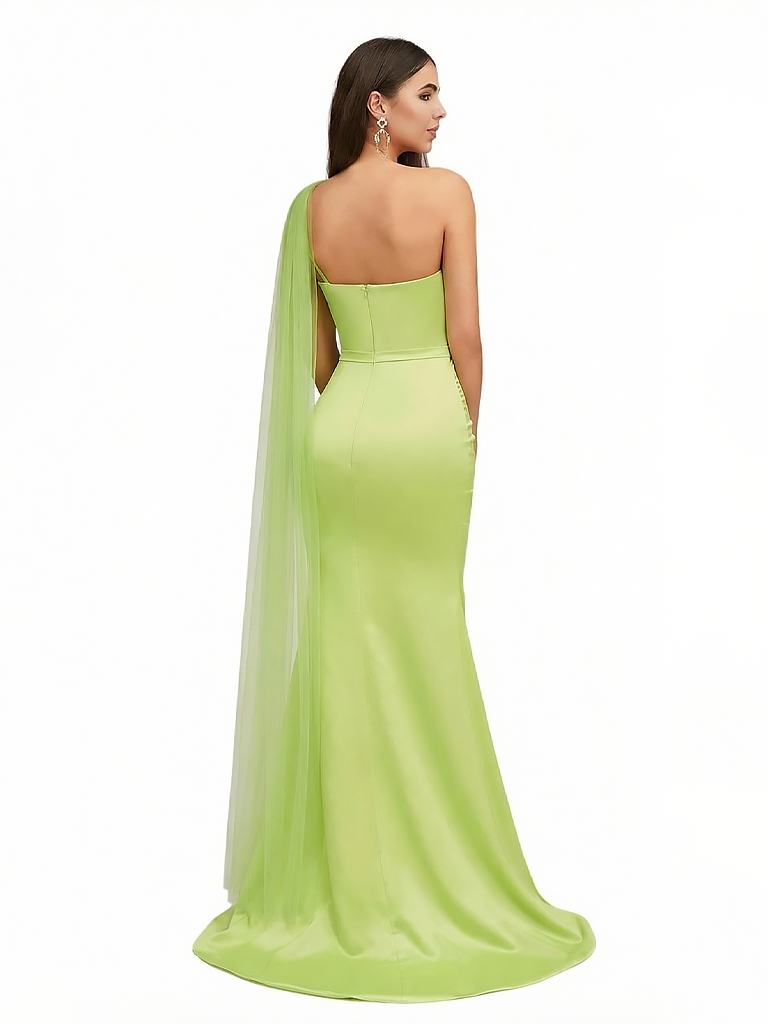 Elegant One Shoulder Silky Satin With Tulle Strap Mermaid Maxi Formal Evening Gowns
