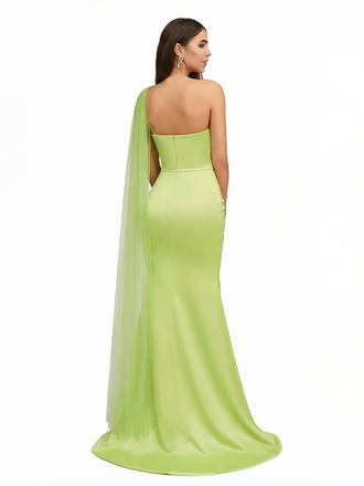 Elegant One Shoulder Silky Satin With Tulle Strap Mermaid Maxi Formal Evening Gowns