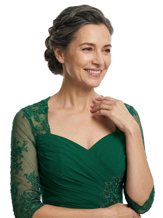 ChicSew Elegant Square Lace Half Sleeves Ruched Chiffon A-Line Mother Of The Groom Dress