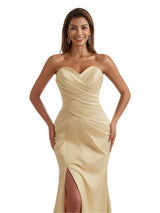 Gorgeous Strapless Mermaid Pleated Silky Satin Long Bridesmaid Dresses Slit Sweetheart
