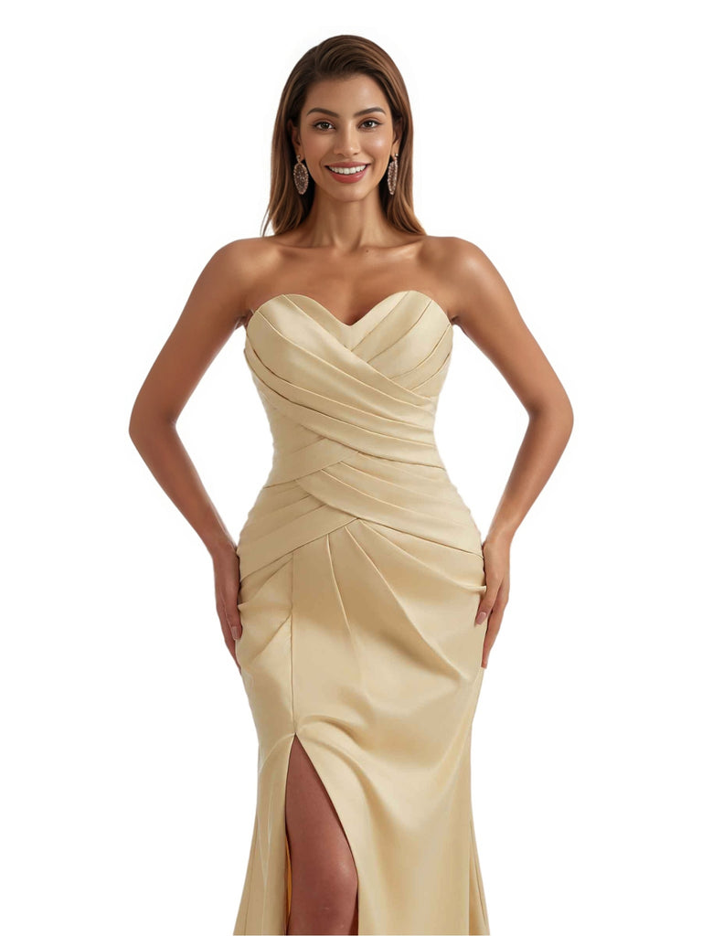 Gorgeous Strapless Mermaid Pleated Silky Satin Long Bridesmaid Dresses Slit Sweetheart