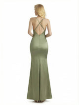 Sexy Cowl Neck Silky Satin Mermaid Maxi Evening Gowns For Women Criss Cross