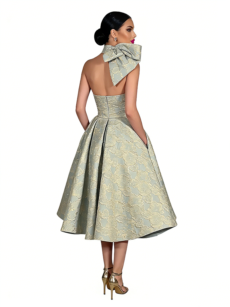 ChicSew Elegant Floral Jacquard Halter A-Line Knee-Length Formal Evening Dresses