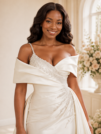 ChicSew Fancy Off The Shoulder Ruching Satin Mermaid Maxi Wedding Dress With Beading
