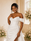 ChicSew Fancy Off The Shouder Ruching Mermaid Satin Long Wedding Dress With Side Slit