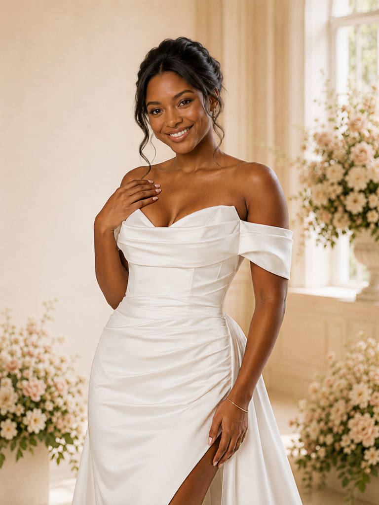 ChicSew Fancy Off The Shouder Ruching Mermaid Satin Long Wedding Dress With Side Slit
