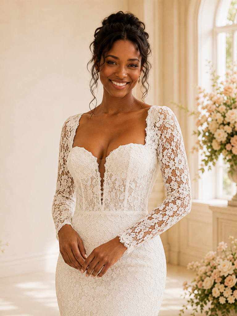 ChicSew Romantic Long Sleeves Mermaid Tulle Lace Appliques Maxi Wedding Dress