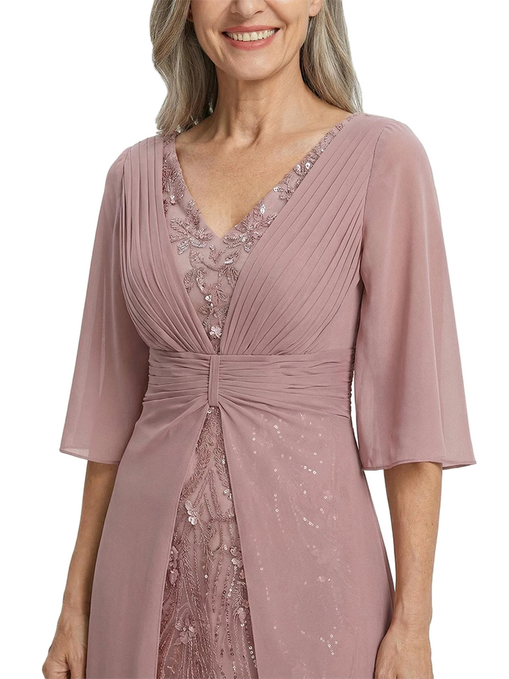ChicSew V-Neck Flutter Sleeves A-Line Chiffon Ruched Mother Of The Bride Dress