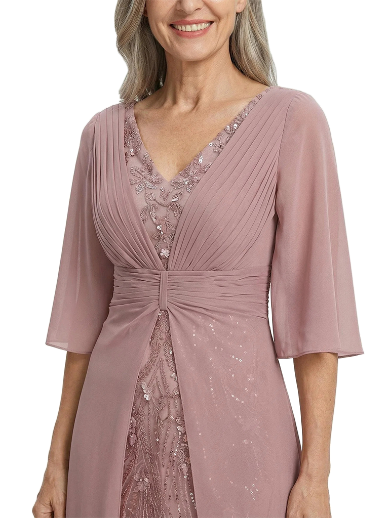 ChicSew V-Neck Flutter Sleeves A-Line Chiffon Ruched Mother Of The Bride Dress Sequin Gown