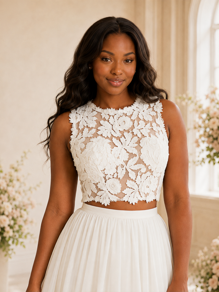 ChicSew Elegant Two Piece A-Line Jewel Sleeveless Lace Chiffon Maxi Wedding Dress