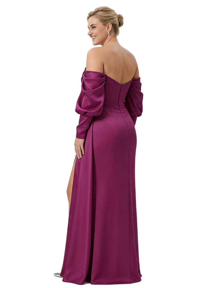 Elegant Off The Shoulder Long Sleeves Satin Mother Of The Bride Gown With Side Slit