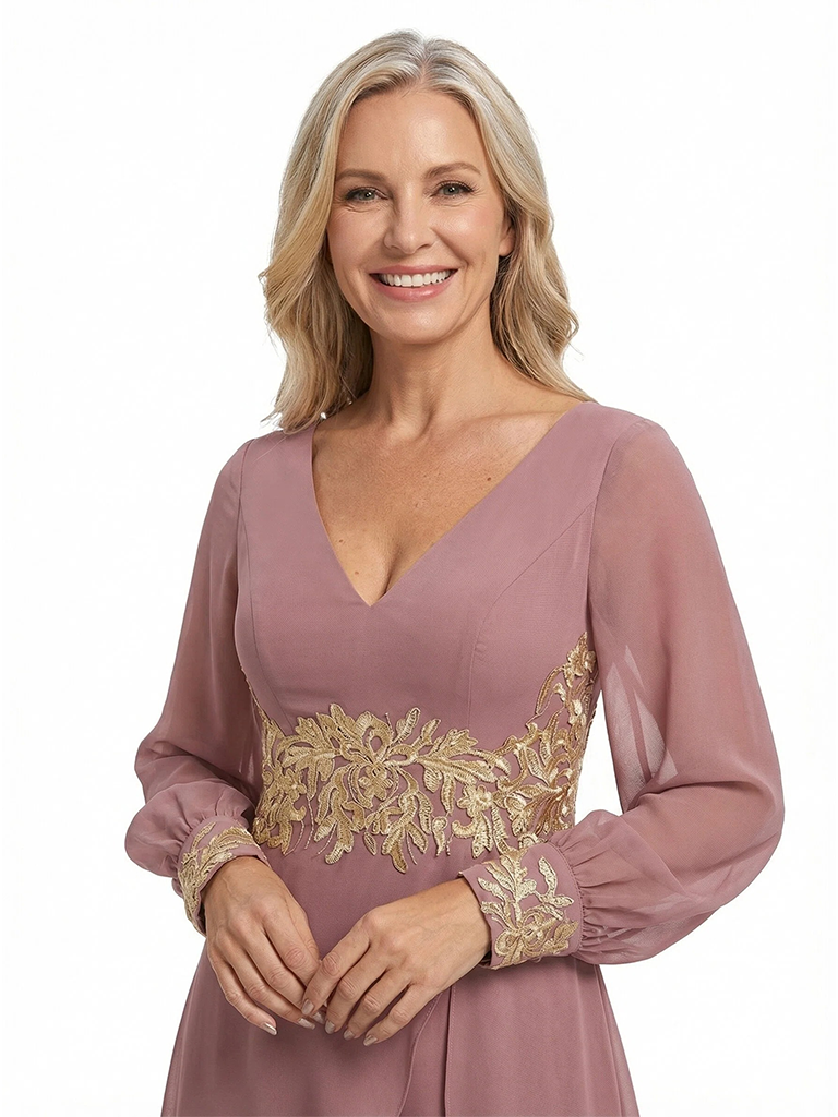 ChicSew Long Sleeves Jumpsuit For Mother Of The Bride V-Neck Lace Chiffon Pant Suit