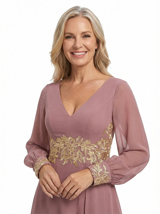 ChicSew Long Sleeves Jumpsuit For Mother Of The Bride V-Neck Lace Chiffon Pant Suit