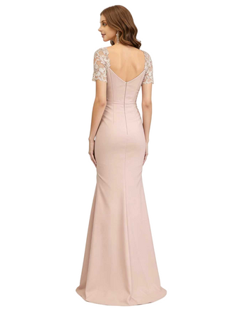 Classy  Lace Cap Sleeves V-Neck Mermaid Mother Of The Bride Dress Slit